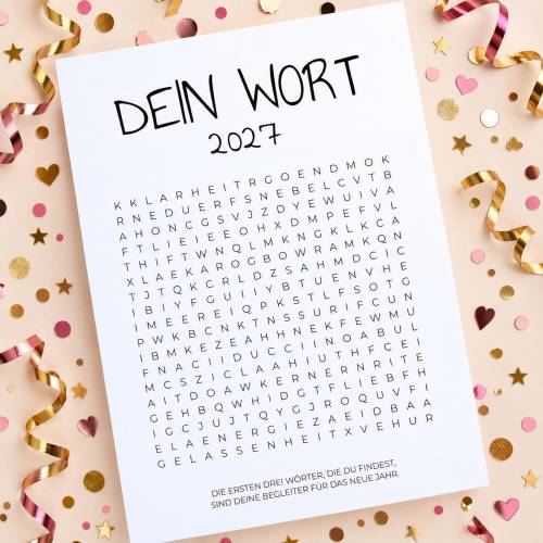 Neujahrskarte 2027 Wortsuche Postkarte A6, finde dein Wort fürs neue Jahr, Achtsamkeit und Jahresmotto 2027