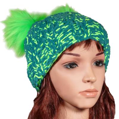 Handgestrickte Bommelmütze Kinder Teenager Grün – Warme Wintermütze Unisex mit Kunstfellbommel