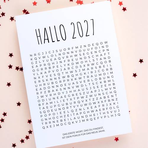Postkarte Hallo 2027 mit Wortsuchspiel, Fokus fürs neue Jahr, Achtsamkeit Silvester Karte A6 Geschenk