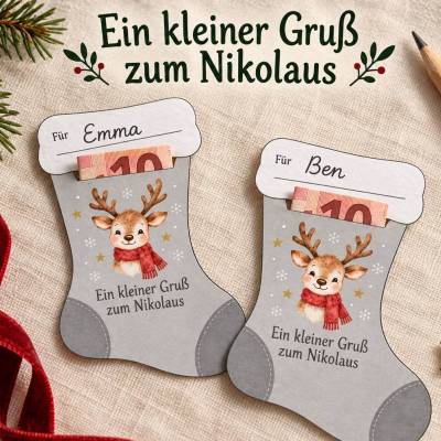 Geldgeschenk Nikolaus zum Ausdrucken – graue Nikolaussocke mit Rentier & Namensfeld | 2 Stück auf DIN A4 | PDF