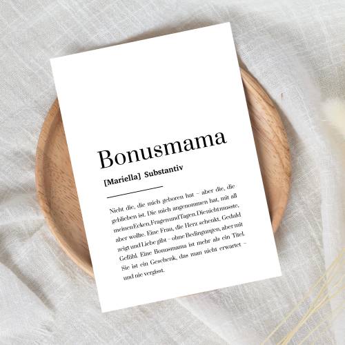 Bonusmama Karte personalisiert mit Wunschnamen, Muttertagskarte mit Definition für Stiefmutter, Dankeschön Herzensmama