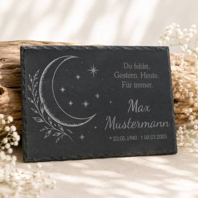 Personalisierte Schiefertafel mit Namen & Datum – Gedenktafel für Grab – Wetterfeste Grabdekoration – Mond