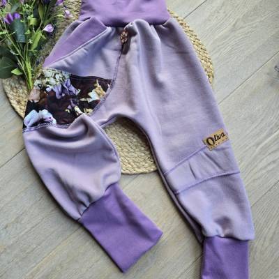 Handgemachte Organic Pumphose Sweat 104/110 in Altrosa, Tasche mit Blumen Übergang Mädchen