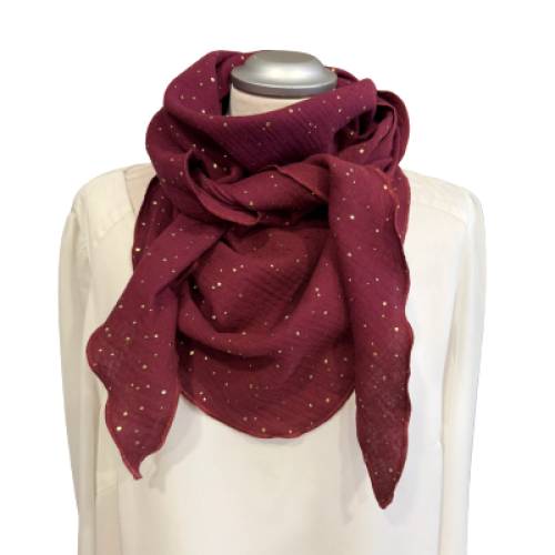Musselintuch bordeaux mit goldenen Punkten / Halstuch für Damen