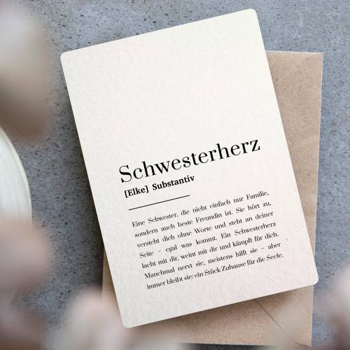 Schwesterherz Karte personalisiert auf Baumwollpapier, emotionale Postkarte A6 mit Name, Geschenk für Schwester, Liebe