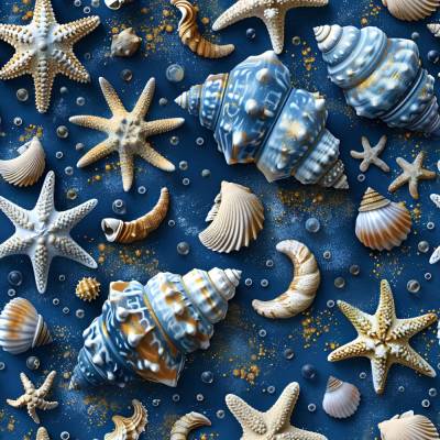 Baumwollstoff mit Muscheln und Seesternen in Blau – maritime Webware mit Goldoptik