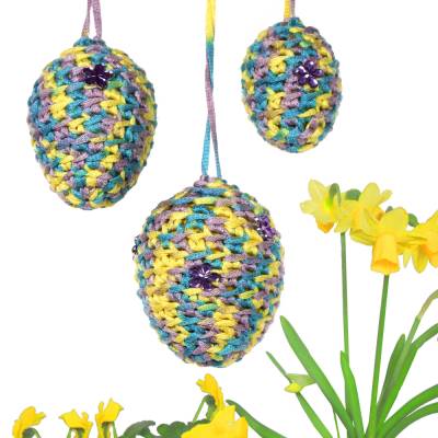 Gehäkelte Ostereier zum Aufhängen – 3er Set in Türkis, Lila, Grün & Gelb – Handgemachte Osterdeko