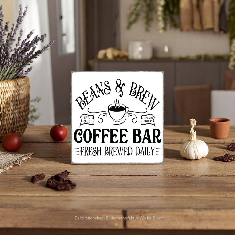 COFFEE BAR -1- Holzblock, Miniblock mit Spruch im Vintage Landhausstil, Deko zum Aufhängen oder Hinstellen für die Küche