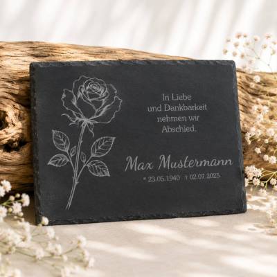Personalisierte Schiefertafel mit Namen & Datum – Gedenktafel für Grab – Wetterfeste Grabdekoration – Rose