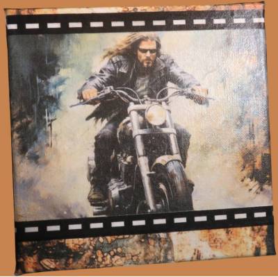 " Biker on tour ", Bild für Motorradfans, Reispapiermotiv auf Leinwand, 20 x 20 cm