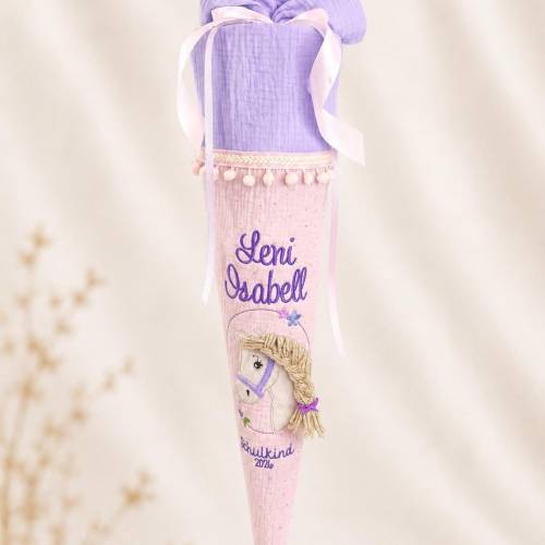Personalisierte Schultüte Pferd für Mädchen mit Namen, Pferde Schultüte, Schultüte lila aus Stoff, genähte Schultüte Mäd