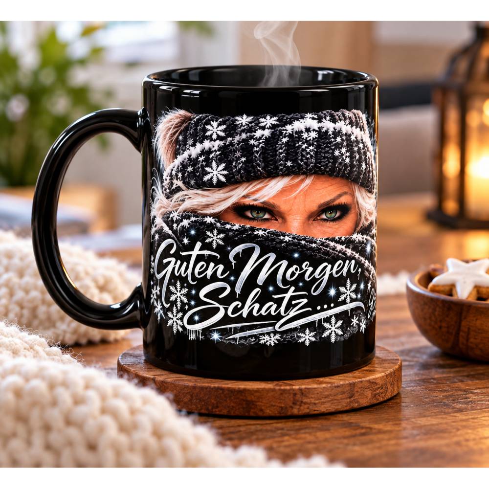 Guten Morgen Schatz Tasse 15 oz schwarz – Wintermotiv mit grünen Augen – große Kaffeetasse