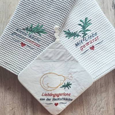 Küchenliebe Stickdatei Set | 6 Stickdateien | 2 ITH Topflappen + 4 Küchenmotive | 13x18 & 20x20 | Airfryer Küche | Nähen
