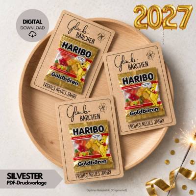 Frohes Neues Jahr Tischdeko | Silvester Glücksbärchen Druckvorlage, PDF Digitaler Download, Neujahrsgruß, Gastgeschenk
