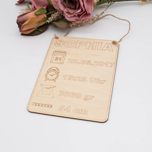 Babytafel aus Holz mit Name und Geburtsdaten – 19 × 14 cm