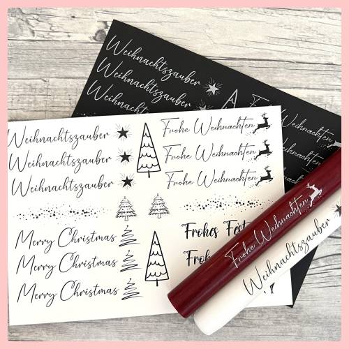Kerzentattoo Weihnachten, WEIHNACHTSZAUBER, schwarz, weiß, gold u. silber matt, A5, Wasserschiebefolie, Kerzentattoo