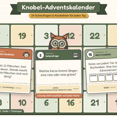 Knobel Adventskalender Kinder zum Ausdrucken, 24 Scherzfragen und Rätsel mit Lösung, Adventskalender Schulkind 6-10