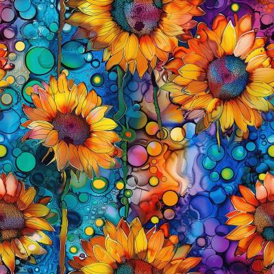 Baumwollstoff mit bunten Sonnenblumen – farbenfrohe Webware in Gelb, Orange, Blau und Violett