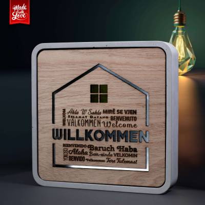 LED-Lichtkasten „Willkommen Zuhause“ aus Beton und Holz – Geschenk zum Einzug, 27 × 27 cm
