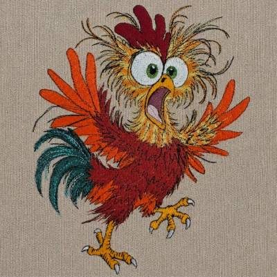 Stickdatei Hahn aufgeregt 15-16x24-26cm bzw. 17x20cm – Lustiges Vollstickmotiv für kreative Projekte