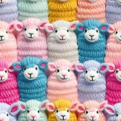 Baumwollstoff mit bunten Strickschafen – verspielte Webware für Handarbeits- und Nähprojekte