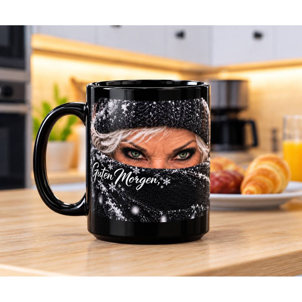 Guten Morgen ........, Tasse 15 oz schwarz – Wintermotiv mit grünen Augen – große Kaffeetasse
