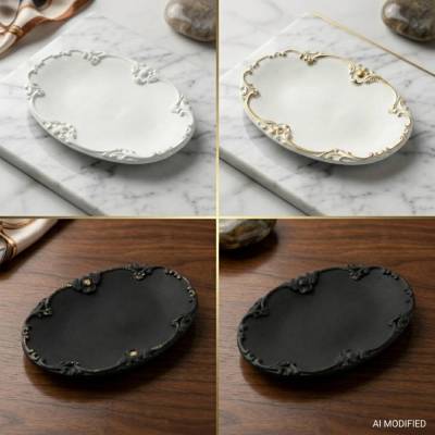 Vintage Schale Keramik handgemacht oval weiß schwarz Deko
