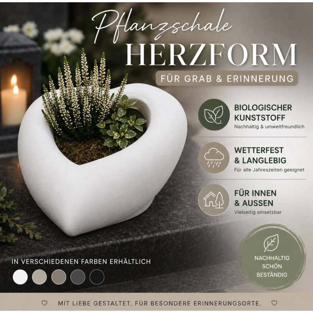 Grabherz Blumentopf aus PLA bepflanzbar, Grabschmuck Herz Liebe Erinnerung Pflanzgefäß Friedhof, Trauerdeko GR26