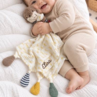 Personalisiertes Schmusetuch Otter - Musselin Schnuffeltuch mit Namen - Babygeschenk bestickt - Taufgeschenk Baby