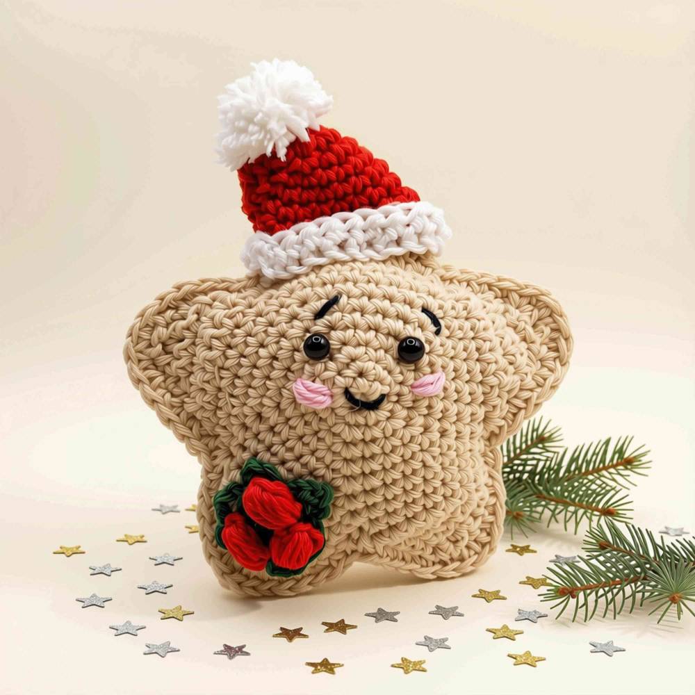 Gehäkelter Weihnachtsstern mit Gesicht & Weihnachtsmütze – lustige Weihnachtsdeko & Christbaumschmuck