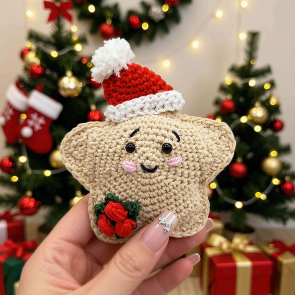 Gehäkelter Weihnachtsstern mit Gesicht & Weihnachtsmütze – lustige Weihnachtsdeko & Christbaumschmuck