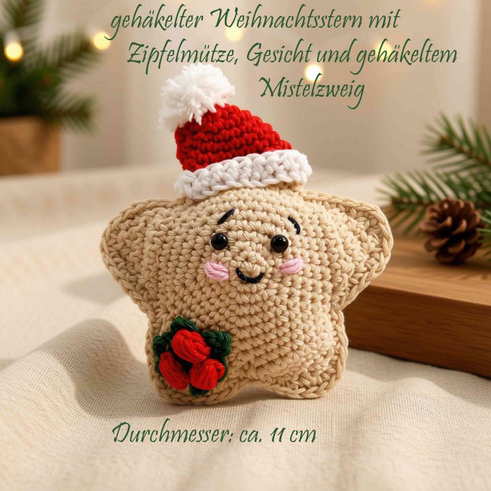 Gehäkelter Weihnachtsstern mit Gesicht & Weihnachtsmütze – lustige Weihnachtsdeko & Christbaumschmuck
