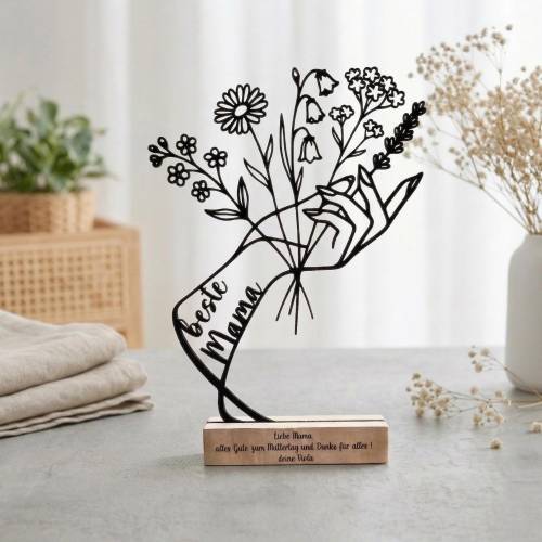 Personalisierter Aufsteller Wildblumen | Line Art 3D-Druck mit Holzsockel | Geschenk für Mama zum Muttertag