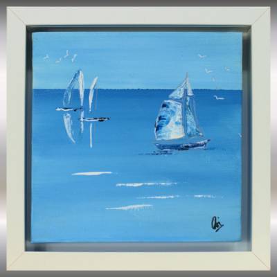 Maritimes Segelboot Gemälde in Blau – Original Acrylbild gerahmt 25,5 x 25,5 cm