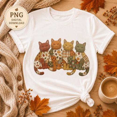Herbst Patchwork Katzen PNG | herbstliches Katzen Motiv für T-Shirt, Tasse, Kissen, Karte, Tasche Sublimation