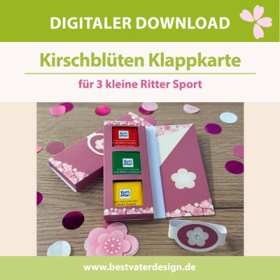 Personalisierbare, elegante Klappkarte mit Banderole im Kirschblütendesign: für 3 kleine Ritter Sport Schokoladen