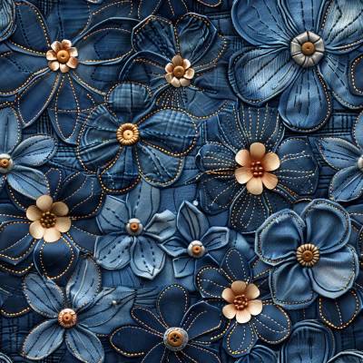 Baumwollstoff mit blauen Stoffblumen – florale Webware in Dunkelblau mit Stickoptik