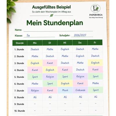 Stundenplan für Kinder – Schulplaner Montag bis Freitag | Digitale PDF-Vorlage