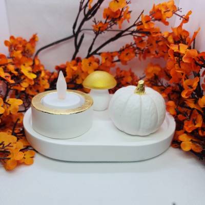Deko-Set „Herbstzauber“ aus Gips – 4-teiliges herbstliches Set mit Tablett, Kürbis, Pilz & LED-Kerzenhalter