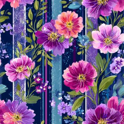 Baumwollstoff mit bunten Blumen auf Streifen – florale Webware in Pink, Violett und Blau