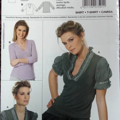 Burda 7591 Schnittmuster Damen Shirt Tunika Gr. 36–48 Rüschen Spitze Vintage