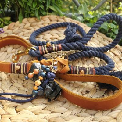 Hundeleine „Midnight Whisky“ aus Baumwolltau & Fettleder – handgefertigtes Unikat