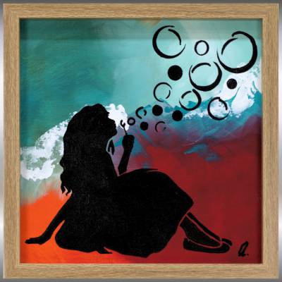 Mädchen mit Seifenblasen – Modernes Acrylgemälde gerahmt 32,5 x 32,5 cm