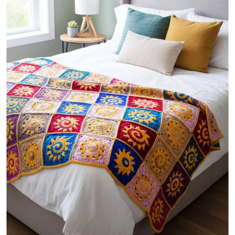 Granny Square Decke mit Sonne – bunte Boho Häkeldecke, Sofa Überwurf und Tagesdecke in verschiedenen Größen und Farben