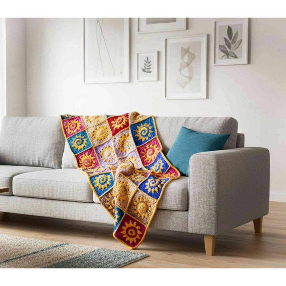 Granny Square Decke mit Sonne – bunte Boho Häkeldecke, Sofa Überwurf und Tagesdecke in verschiedenen Größen und Farben