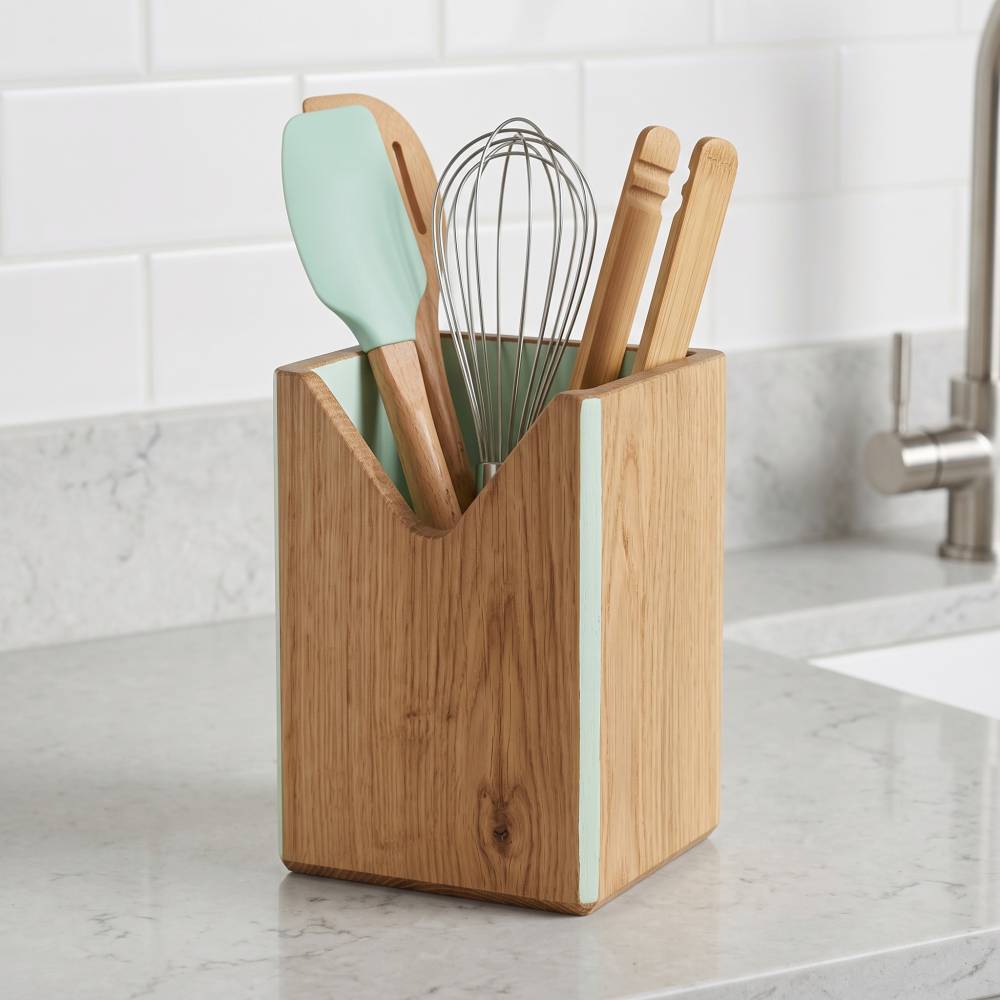 Utensilienhalter aus Eiche mit Farbakzent | Moderner Kochlöffelhalter 19 cm hoch