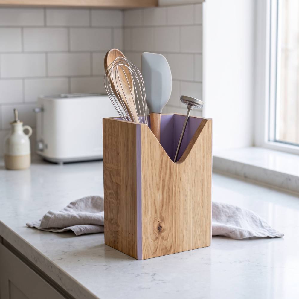 Utensilienhalter aus Eiche mit Farbakzent | Moderner Kochlöffelhalter 19 cm hoch