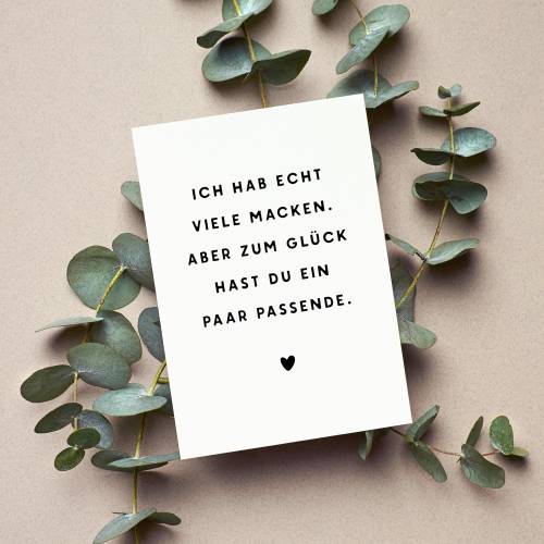 Lustige Karte für Partner mit Spruch über Macken, witzige Liebeskarte mit Humor, Postkarte zum Valentinstag, Jahrestag