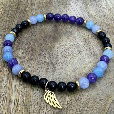 6mm Naturstein-Armband mit Engelsflügel-Anhänger-Turmalin, Amethyst, Aquamarin, Angelit +... - Handgefertigt & Modern