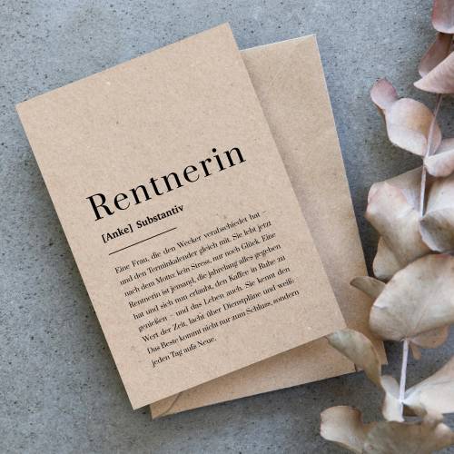 Rentnerin Karte Kraftpapier personalisiert, Geschenk Ruhestand für Frauen, Abschiedskarte Kollegin, letzter Arbeitstag